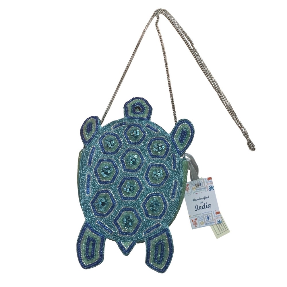 Viral Handcrafted Green Turquoise Turtle Beaded Bag Crossbody Silver Strap NWT